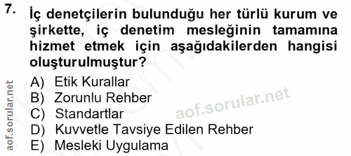 7. soru: İç denetçilerin bulunduğu her türlü kurum ve şirkette, iç denetim mesleğinin tamamına hizmet etmek için aşağıdakilerd…