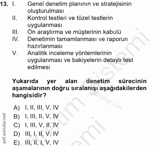 13. soru: l. Genel denetim planının ve stratejisinin oluşturulması Kontrol testleri ve tözel testlerin uygulanması HIl. Ön araş…