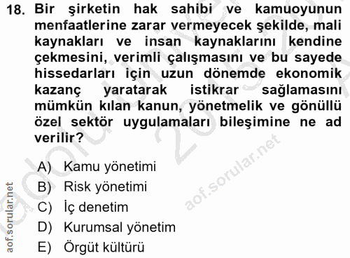 18. soru: Bir şirketin hak sahibi ve kamuoyunun menfaatlerine zarar vermeyecek şekilde, mali kaynakları ve insan kaynaklarını k…