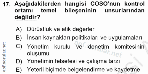 17. soru: Aşağıdakilerden hangisi COSO'nun kontrol ortamı temel bileşeninin unsurlarından değildir? A) Dürüstlük ve etik değerl…
