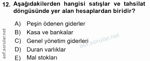 12. soru: Aşağıdakilerden hangisi satışlar ve tahsilat döngüsünde yer alan hesaplardan biridir? A) Peşin ödenen giderler Kasa v…