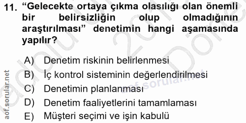 11. soru: "Gelecekte ortaya çıkma olasılığı olan önemli bir belirsizliğin olup olmadığının araştırılması" denetimin hangi aşama…