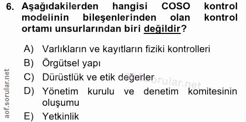 6. soru: Aşağıdakilerden hangisi COSO kontrol modelinin bileşenlerinden olan kontrol ortamı unsurlarından biri değildir? A) Va…