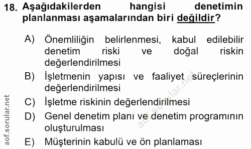 18. soru: Aşağıdakilerden hangisi denetimin planlanması aşamalarından biri değildir? A) Önemliliğin belirlenmesi, kabul edilebi…