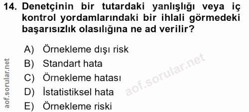 14. soru: Denetçinin bir tutardaki yanlışlığı veya iç kontrol yordamlarındaki bir ihlali görmedeki başarısızlık olasılığına ne…