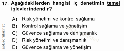 17. soru: Aşağıdakilerden hangisi iç denetimin temel işlevlerindendir? A) Risk yönetimi ve kontrol sağlama B) Kontrol sağlama v…