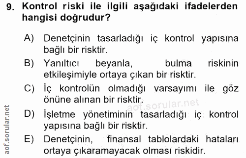 9. soru: Kontrol riski ile ilgili aşağıdaki ifadelerden hangisi doğrudur? A) Denetçinin tasarladığı iç kontrol yapısına bağlı…