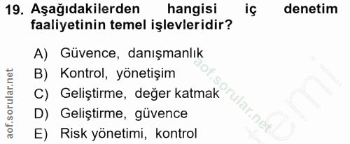 19. soru: Aşağıdakilerden hangisi iç denetim faaliyetinin temel işlevleridir? A) Güvence, danışmanlık B) Kontrol, yönetişim C)…