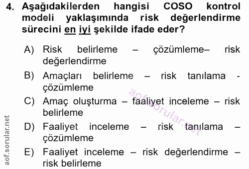 4. soru: Aşağıdakilerden hangisi COSO kontrol modeli yaklaşımında risk değerlendirme sürecini en iyi şekilde ifade eder? A) Ri…
