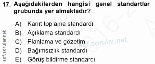 17. soru: Aşağıdakilerden hangisi genel standartlar grubunda yer almaktadır? A) Kanıt toplama standardı B) Açıklama standardı C…