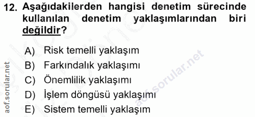 12. soru: Aşağıdakilerden hangisi denetim sürecinde kullanılan denetim yaklaşımlarından biri değildir? A) Risk temelli yaklaşım…