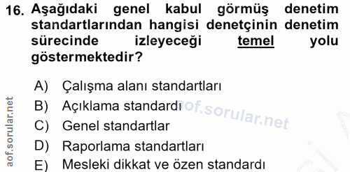16. soru: Aşağıdaki genel kabul görmüş denetim standartlarından hangisi denetçinin denetim sürecinde izleyeceği temel yolu göst…