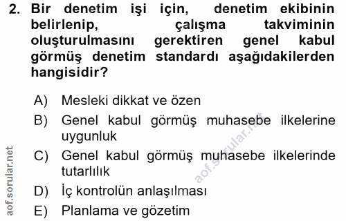 2. soru: Bir denetim işi için, denetim ekibinin belirlenip, çalışma takviminin oluşturulmasını gerektiren genel kabul görmüş d…