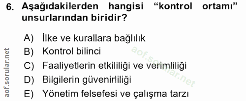 6. soru: Aşağıdakilerden hangisi "kontrol ortamı" unsurlarından biridir? A) İlke ve kurallara bağlılık B) Kontrol bilinci C) F…