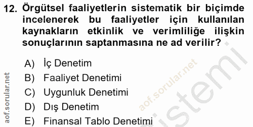 12. soru: Orgütsel faaliyetlerin sistematik bir biçimde incelenerek bu faaliyetler için kullanılan kaynakların etkinlik ve veri…