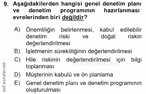 9. soru: Aşağıdakilerden hangisi genel denetim planı ve denetim programinin hazırlanması evrelerinden biri değildir? A) Onemli…