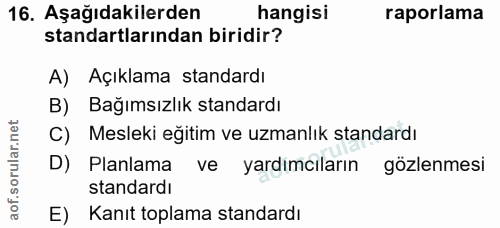 16. soru: Aşağıdakilerden hangisi raporlama standartlarından biridir? A) Açıklama standardı B) Bağımsızlık standardı C) Mesleki…