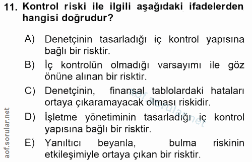 11. soru: Kontrol riski ile ilgili aşağıdaki ifadelerden hangisi doğrudur? A) Denetçinin tasarladığı iç kontrol yapısına bağlı…