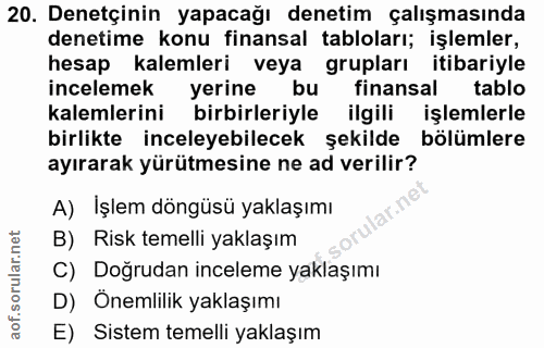 20. soru: Denetçinin yapacağı denetim çalışmasında denetime konu finansal tabloları; işlemler, hesap kalemleri veya grupları it…