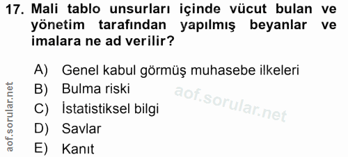 17. soru: Mali tablo unsurları içinde vücut bulan ve yönetim tarafından yapılmış beyanlar ve imalara ne ad verilir? A) Genel ka…