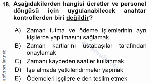 18. soru: Aşağıdakilerden hangisi ücretler ve personel döngüsü için uygulanabilecek anahtar kontrollerden biri değildir? A) Zam…