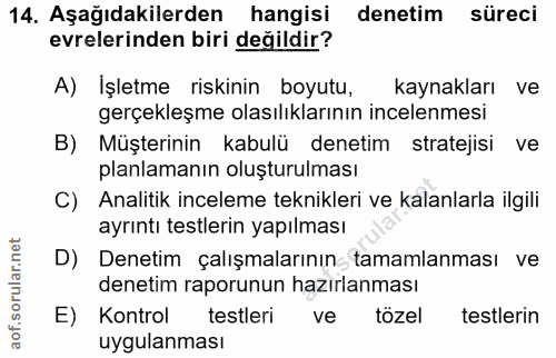 14. soru: Aşağıdakilerden hangisi denetim süreci evrelerinden biri değildir? A) İşletme riskinin boyutu, kaynakları ve gerçekle…