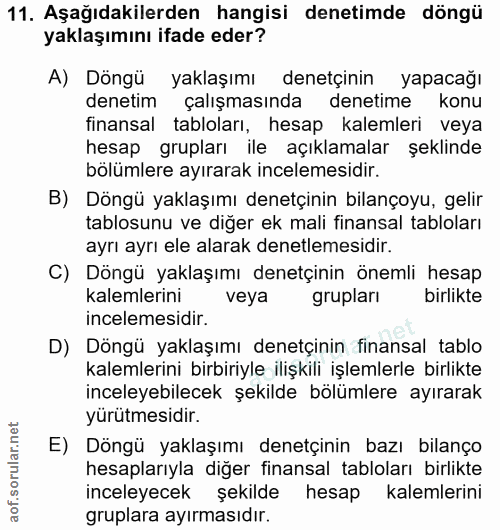 11. soru: Aşağıdakilerden hangisi denetimde döngü yaklaşımını ifade eder? A) Döngü yaklaşımı denetçinin yapacağı denetim çalışm…