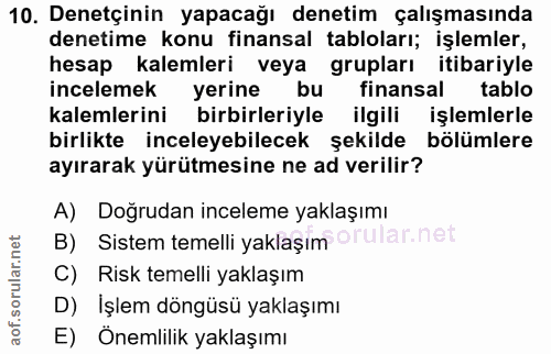 10. soru: Denetçinin yapacağı denetim çalışmasında denetime konu finansal tabloları; işlemler, hesap kalemleri veya grupları it…
