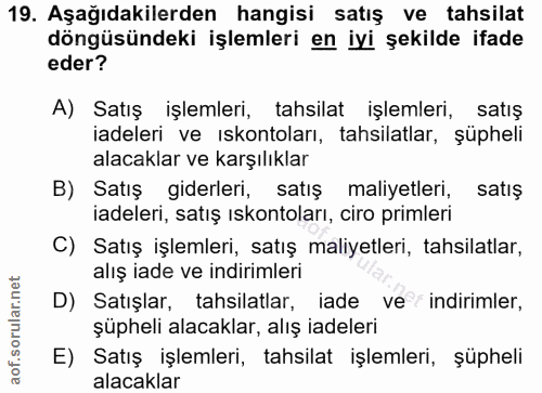 19. soru: Aşağıdakilerden hangisi satış ve tahsilat döngüsündeki işlemleri en iyi şekilde ifade eder? A) Satış işlemleri, tahsi…