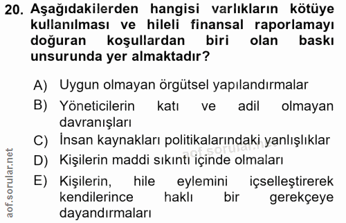 20. soru: Aşağıdakilerden hangisi varlıkların kötüye kullanılması ve hileli finansal raporlamayı doğuran koşullardan biri olan…