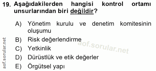 19. soru: Aşağıdakilerden hangisi kontrol ortamı unsurlarından biri değildir? A) Yönetim kurulu ve denetim komitesinin oluşumu…