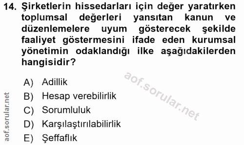 14. soru: Şirketlerin hissedarları için değer yaratırken toplumsal değerleri yansıtan kanun ve düzenlemelere uyum gösterecek şe…
