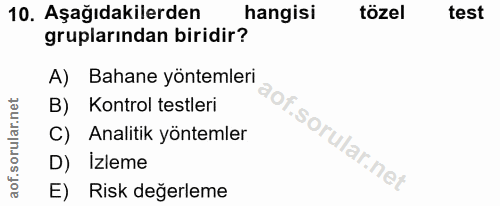 10. soru: Aşağıdakilerden hangisi tözel test gruplarından biridir? A) Bahane yöntemleri B) Kontrol testleri C) Analitik yönteml…