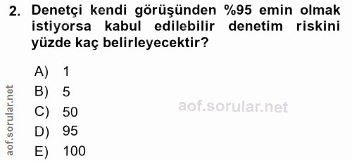 2. soru: Denetçi kendi görüşünden %95 emin olmak istiyorsa kabul edilebilir denetim riskini yüzde kaç belirleyecektir? A) 1 B)…