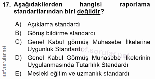 17. soru: Aşağıdakilerden hangisi raporlama standartlarından biri değildir? A) Açıklama standardı B) Görüş bildirme standardı C…