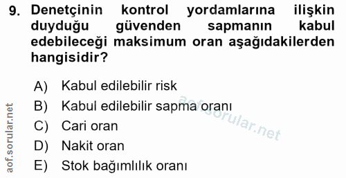 9. soru: Denetçinin kontrol yordamlarına ilişkin duyduğu güvenden sapmanın kabul edebileceği maksimum oran aşağıdakilerden han…