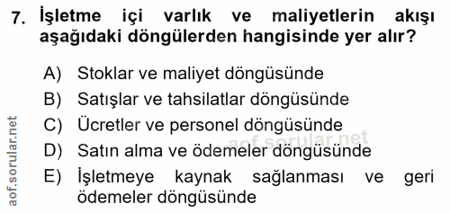 7. soru: İşletme içi varlık ve maliyetlerin akışı aşağıdaki döngülerden hangisinde yer alır? A) Stoklar ve maliyet döngüsünde…