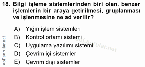 18. soru: Bilgi işleme sistemlerinden biri olan, benzer işlemlerin bir araya getirilmesi, gruplanması ve işlenmesine ne ad veri…