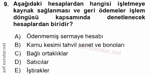 9. soru: Aşağıdaki hesaplardan hangisi işletmeye kaynak sağlanması ve geri ödemeler işlem döngüsü kapsamında denetlenecek hesa…