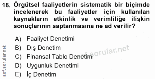 18. soru: Örgütsel faaliyetlerin sistematik bir biçimde incelenerek bu faaliyetler için kullanılan kaynakların etkinlik ve veri…