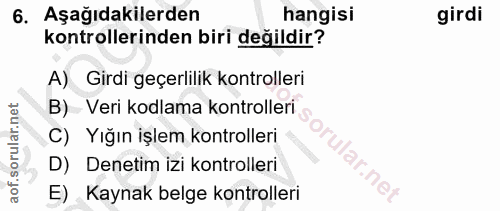6. soru: Aşağıdakilerden hangisi girdi kontrollerinden biri değildir? A) Girdi geçerlilik kontrolleri B) Veri kodlama kontroll…