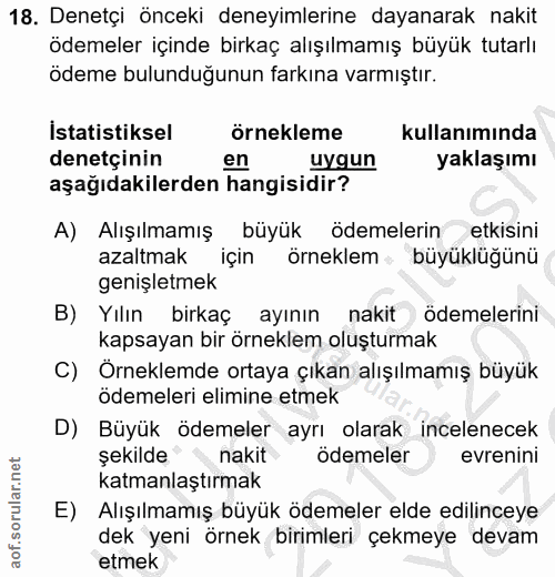 18. soru: Denetçi önceki deneyimlerine dayanarak nakit ödemeler içinde birkaç alışılmamış büyük tutarlı ödeme bulunduğunun fark…