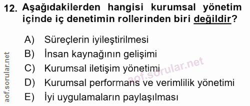 12. soru: Aşağıdakilerden hangisi kurumsal yönetim içinde iç denetimin rollerinden biri değildir? A) Süreçlerin iyileştirilmesi…