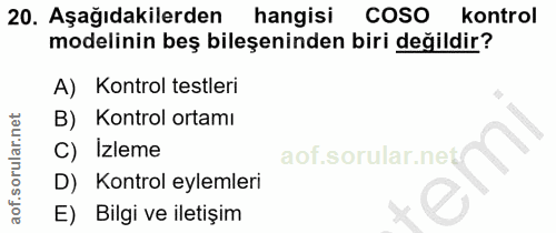 20. soru: Aşağıdakilerden hangisi COSO kontrol modelinin beş bileşeninden biri değildir? A) Kontrol testleri B) Kontrol ortamı…