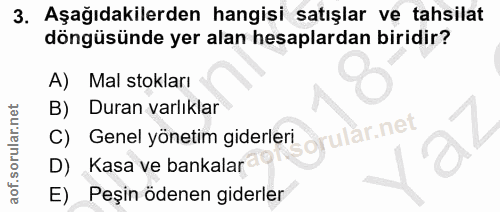 3. soru: Aşağıdakilerden hangisi satışlar ve tahsilat döngüsünde yer alan hesaplardan biridir? A) Mal stokları Duran varlıklar…