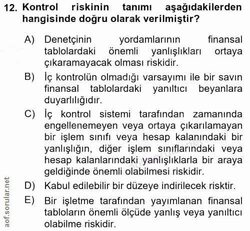 12. soru: Kontrol riskinin tanımı aşağıdakilerden hangisinde doğru olarak verilmiştir? A) Denetçinin yordamlarının finansal tab…