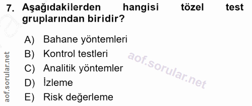 7. soru: Aşağıdakilerden hangisi tözel test gruplarından biridir? A) Bahane yöntemleri B) Kontrol testleri C) Analitik yönteml…