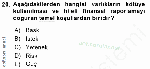 20. soru: Aşağıdakilerden hangisi varlıkların kötüye kullanılması ve hileli finansal raporlamayı doğuran temel koşullardan biri…