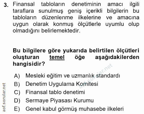 3. soru: Finansal tabloların denetiminin amacı ilgili taraflara sunulmuş geniş içerikli bilgilerin bu tabloların düzenlenme il…