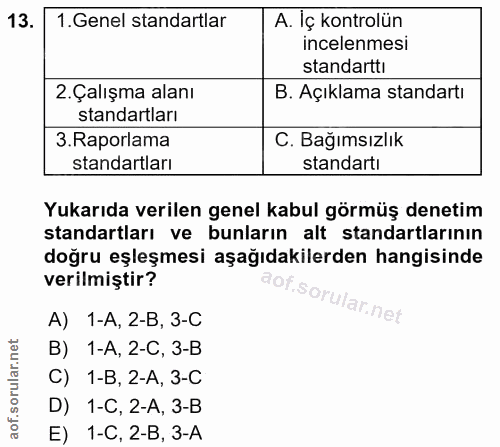 13. soru: 1. Genel standartlar A. İç kontrolün incelenmesi standartti 2. Çalışma alanı B. Açıklama standartı standartları .Rapo…